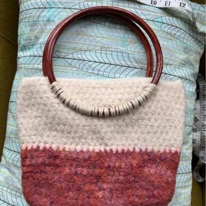 Handcrafted Multicolor felted wool and ribbon Satchel with Wooden Handle